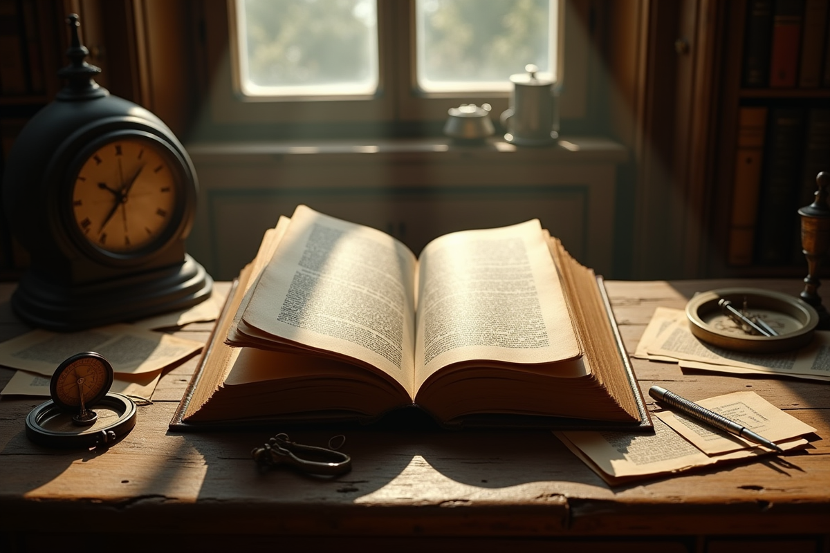 Livre ancien ouvert sur un bureau en bois avec boussoles