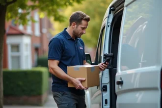 Livreur Amazon debout près de son camion blanc tenant un colis et consultant son smartphone pour contacter un client