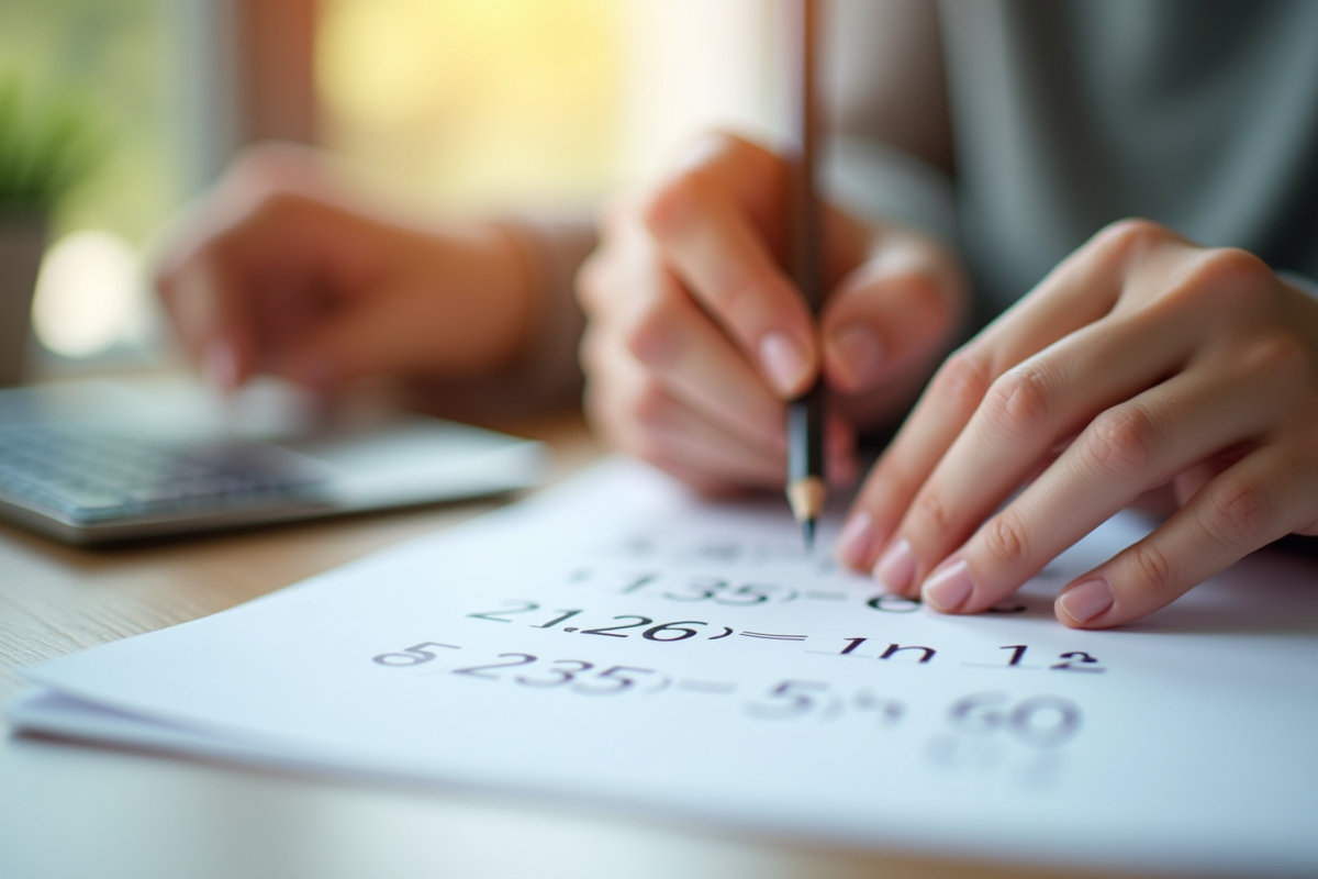 Mains écrivant des équations pour convertir minutes en heures