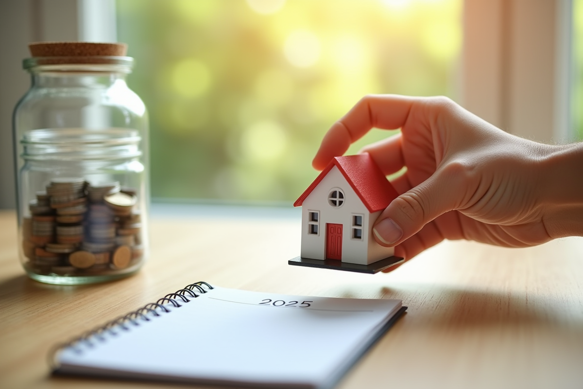 Main tenant une maison miniature avec des pièces et un carnet 2025