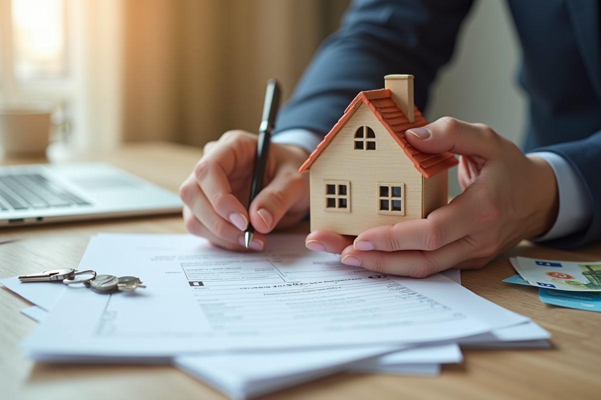 Mains tenant une petite maison en modèle avec des billets et clés