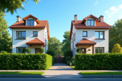 Deux maisons voisines séparées par une haie verte en plein jour