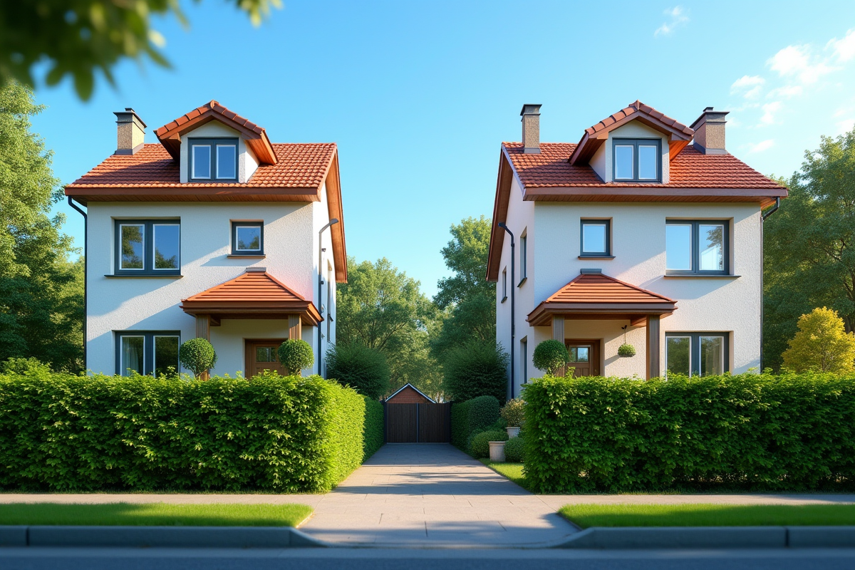 Deux maisons voisines séparées par une haie verte en plein jour