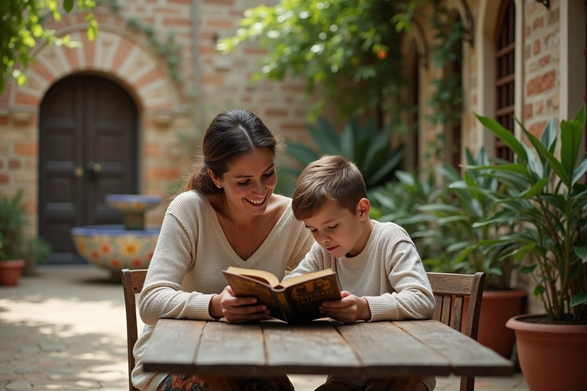Maman et enfant lisant un livre dans un patio traditionnel