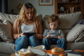 Maman fatiguée avec son enfant dans le salon familial