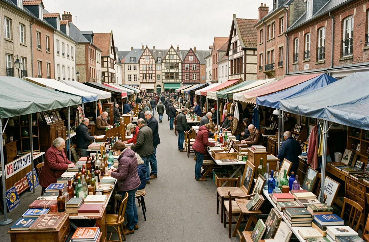 Vue panoramique d'un marché aux puces animé dans une ville du Pas-de-Calais avec nombreux exposants