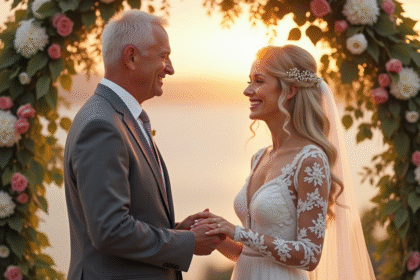 Couple mature échangeant leurs vœux en extérieur lors d'un mariage