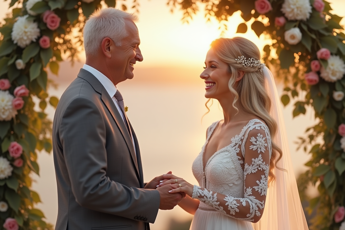 Couple mature échangeant leurs vœux en extérieur lors d'un mariage