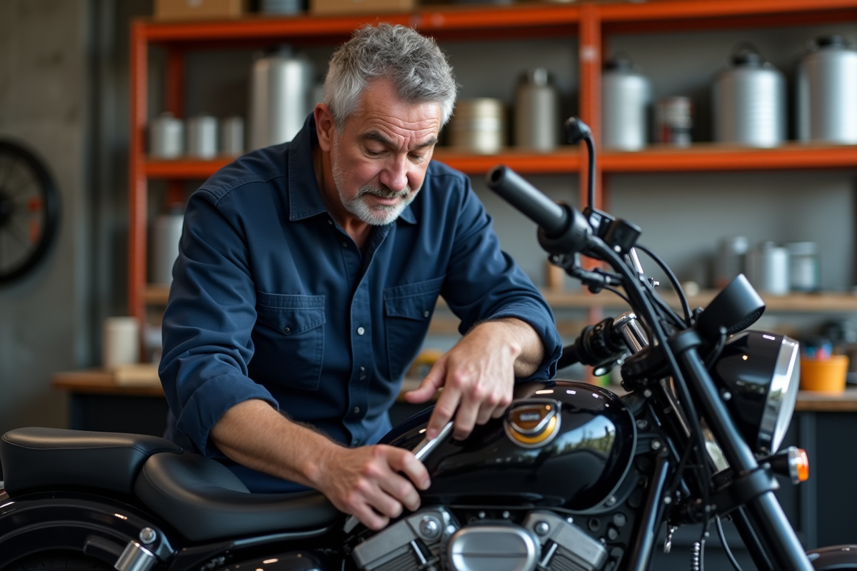 Homme en combinaison inspectant un moteur de moto 125cc