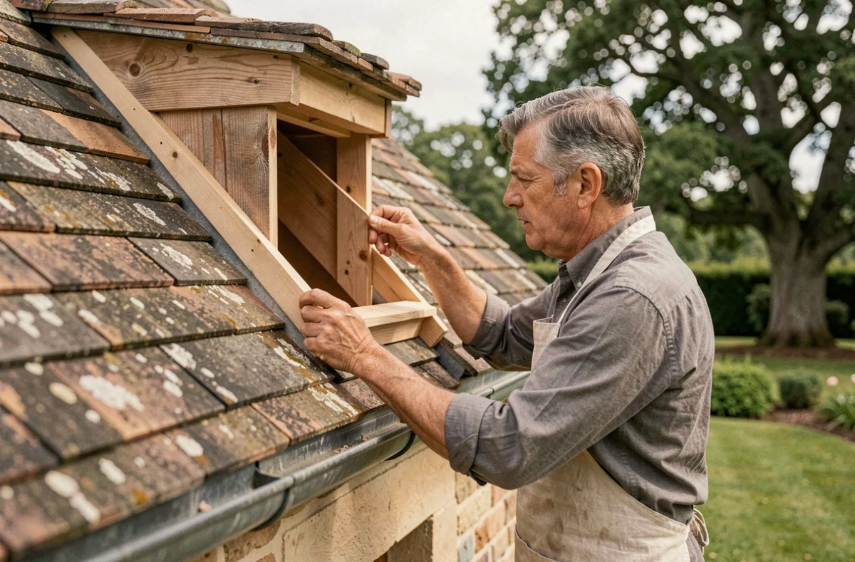 Menuisier posant un châssis de lucarne en bois pour Menuiserie Fayette sur un toit en Haute-Vienne