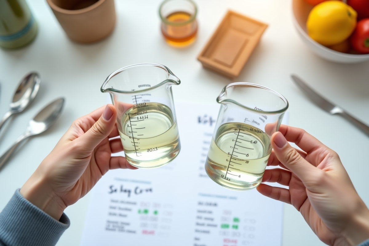 Deux verres mesureurs avec notes de conversion en cuisine