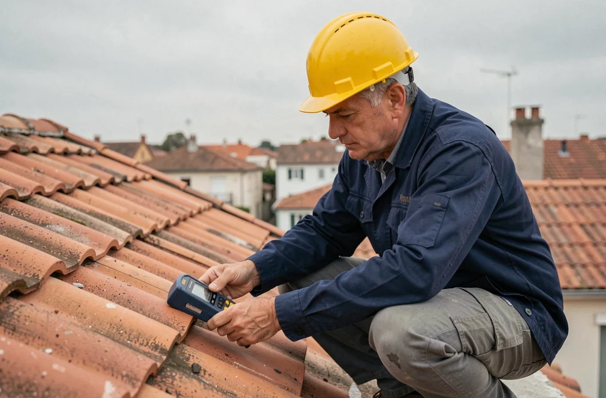 Technicien du bâtiment mesurant la pente d'une toiture en tuiles avec un inclinomètre numérique pour convertir les degrés en pourcentage