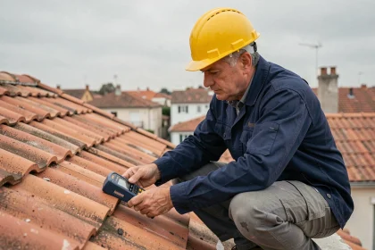 Technicien du bâtiment mesurant la pente d'une toiture en tuiles avec un inclinomètre numérique pour convertir les degrés en pourcentage
