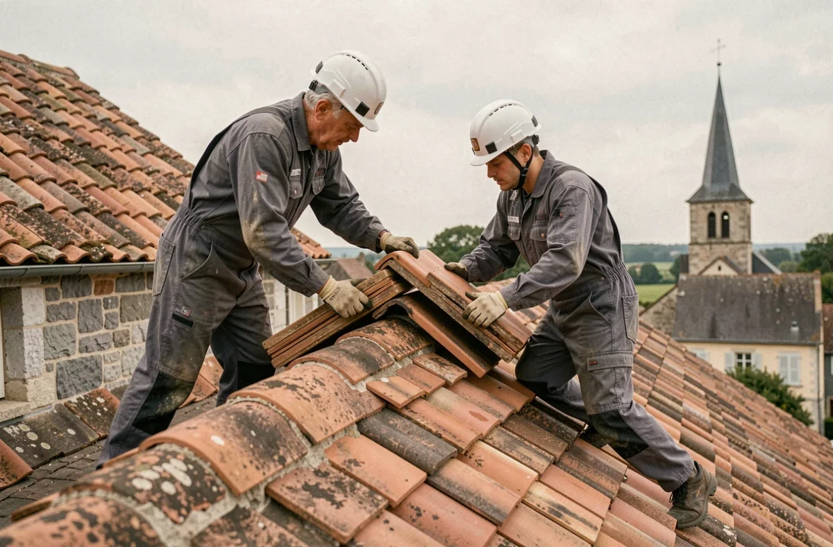 Deux couvreurs en équipe posant des tuiles sur un manoir pour Moreau et Cie en Haute-Vienne