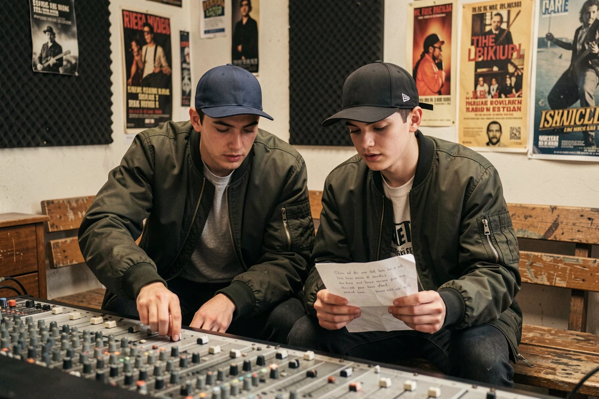 Deux jeunes musiciens de rap en studio d'enregistrement parisien, travaillant sur des paroles et des sons inspirés de l'héritage du groupe 1995