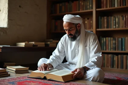 Musulman lisant le Quran dans une étude traditionnelle