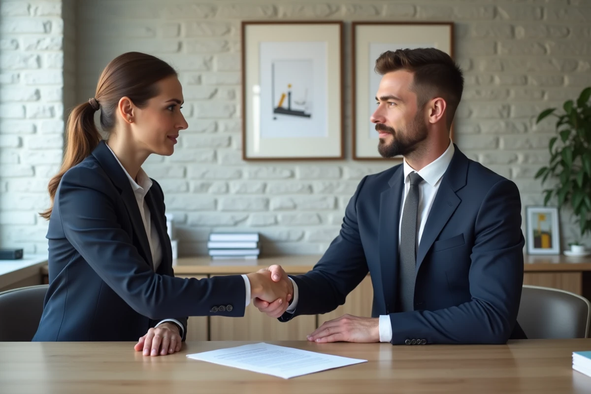 Deux professionnels en costume serrant la main sur un contrat