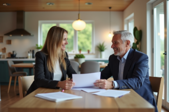 Femme et agent immobilier souriants lors d'une négociation