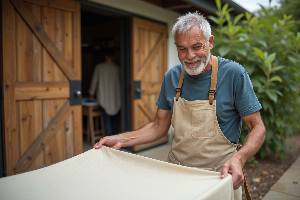 Ouvrier textile inspectant un tissu naturel en extérieur