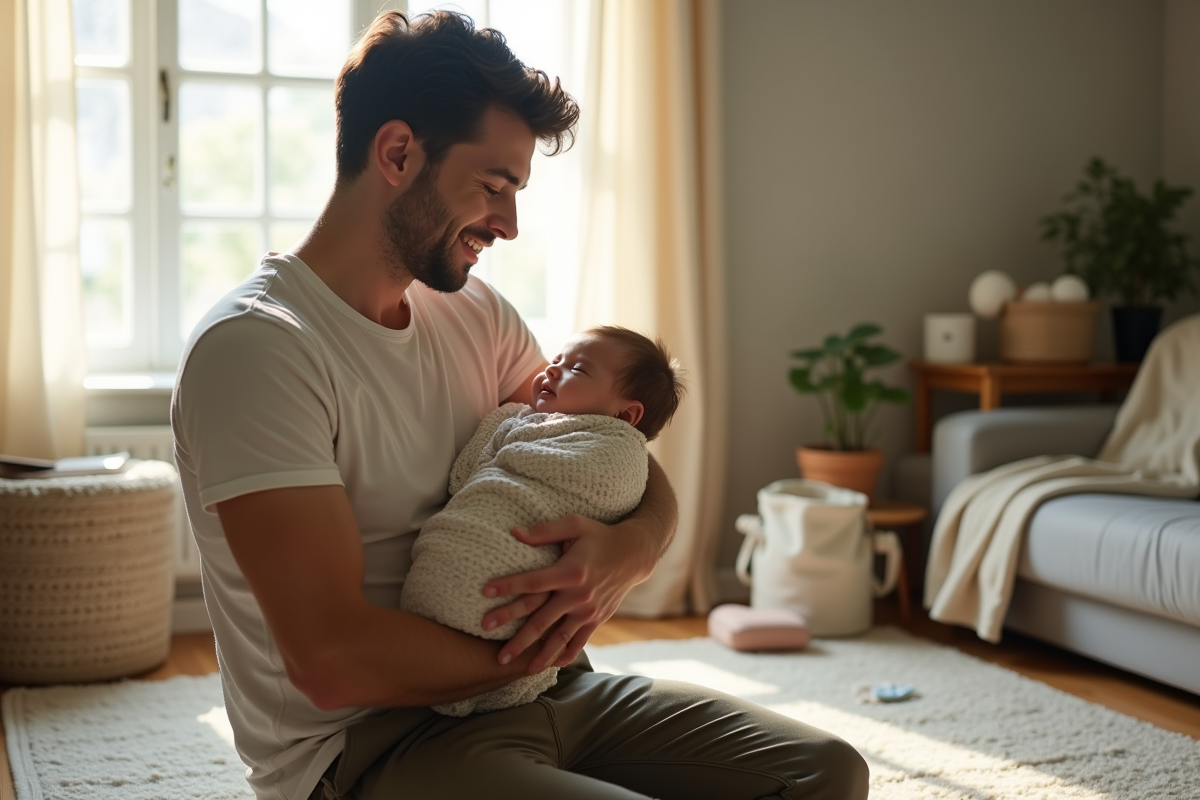 Père tenant son bébé dans un salon lumineux et cosy