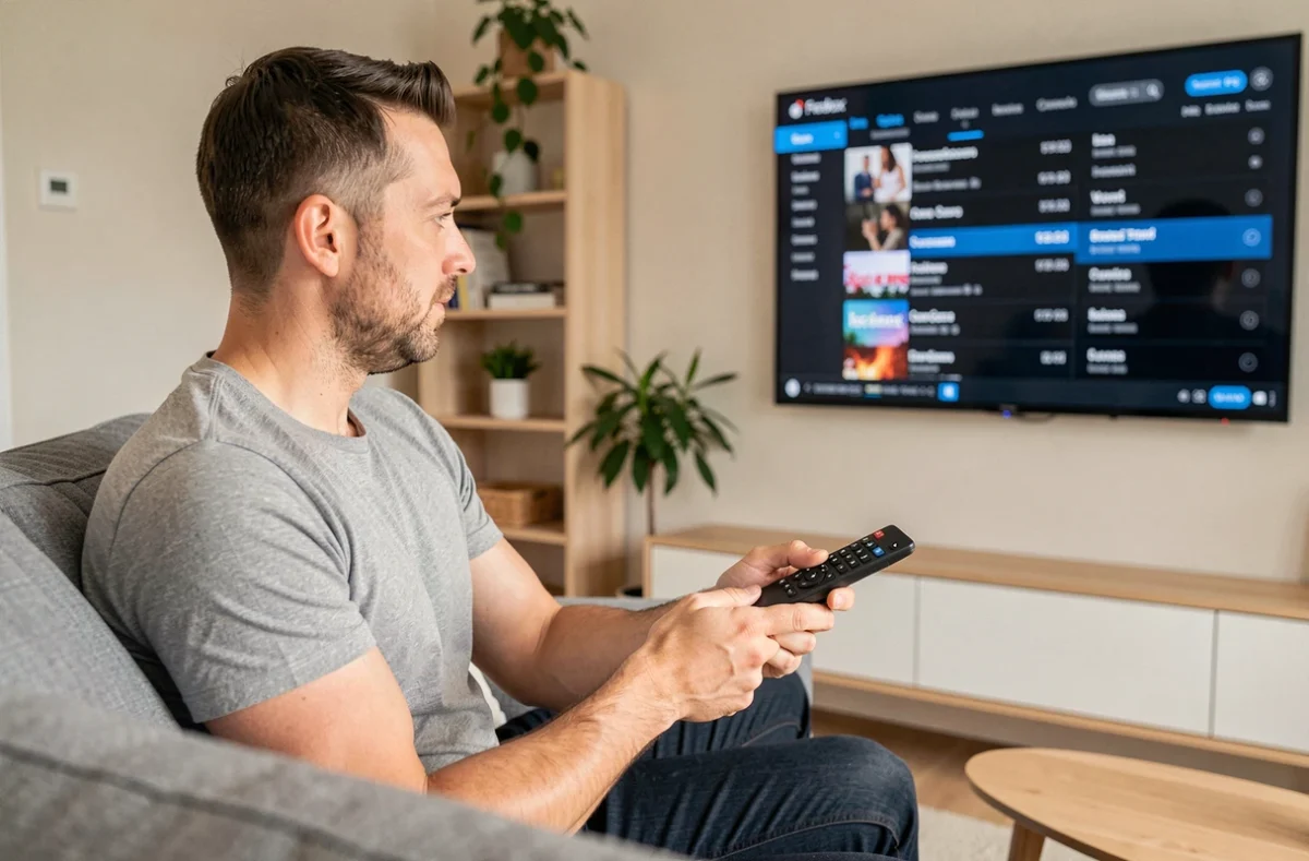 Homme paramétrant ses chaînes favorites sur sa Freebox Pop avec la télécommande depuis son canapé