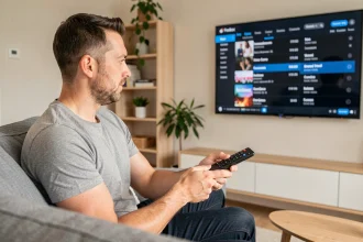 Homme paramétrant ses chaînes favorites sur sa Freebox Pop avec la télécommande depuis son canapé