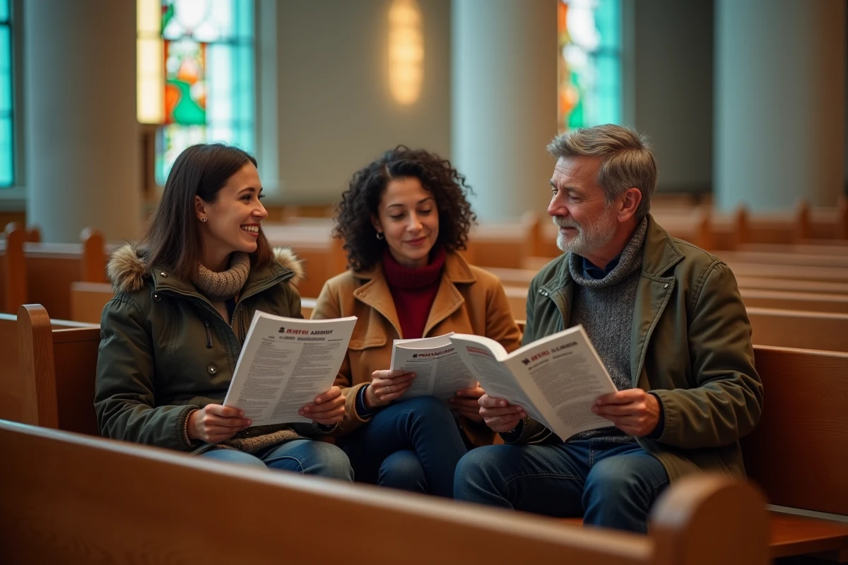 Trois paroissiens adultes assis dans des bancs d'église consultant un bulletin paroissial avec le calendrier de l'Avent et discutant de l'année liturgique