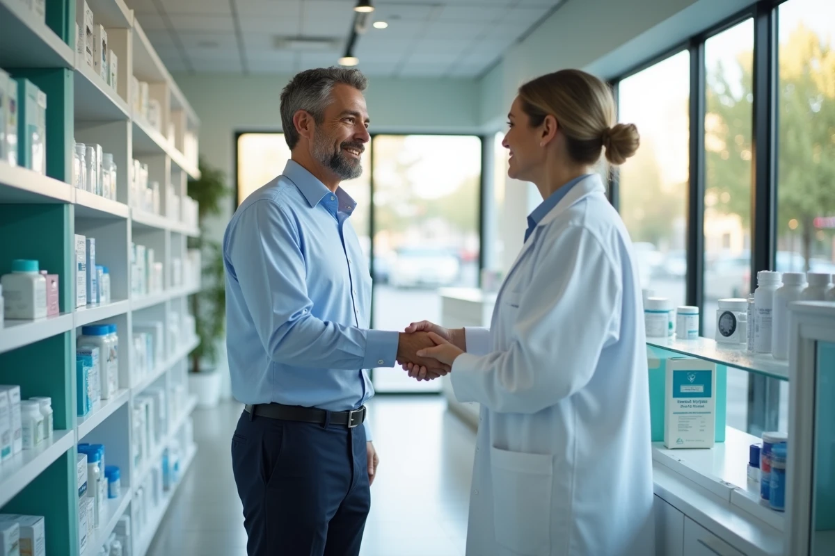 Partenariat entre un franchiseur et un pharmacien dans une pharmacie moderne à Marseille