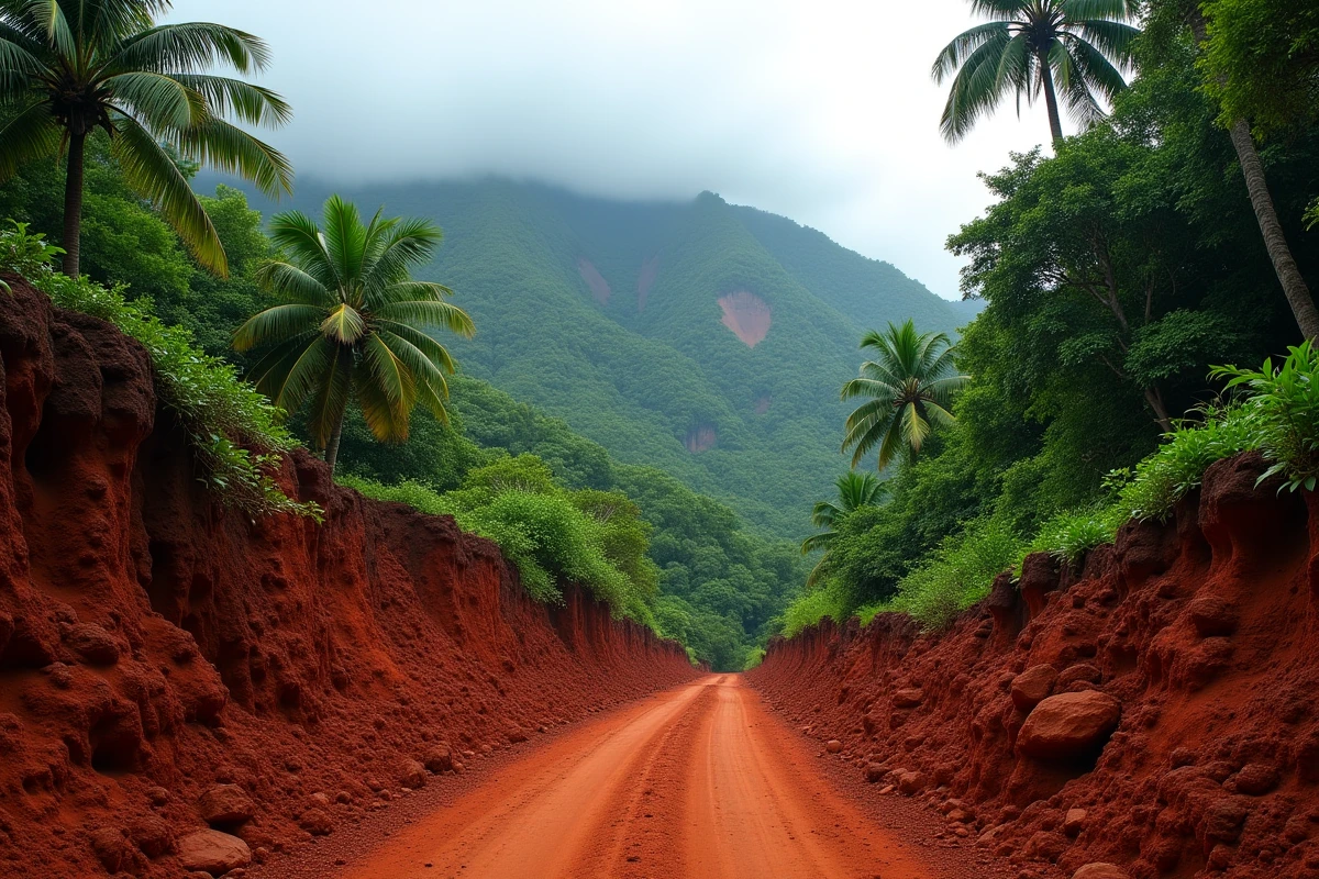 Paysage volcanique intérieur de Grande-Terre à Mayotte avec chemin en latérite rouge traversant la forêt tropicale vers le mont Bénara