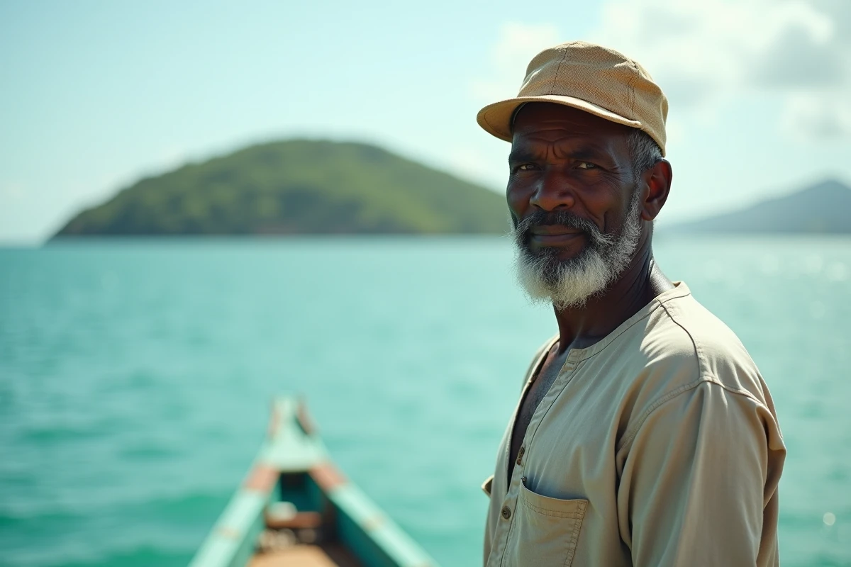 Pêcheur mahorais en boutre traditionnel sur le lagon de Mayotte avec Petite-Terre en arrière-plan