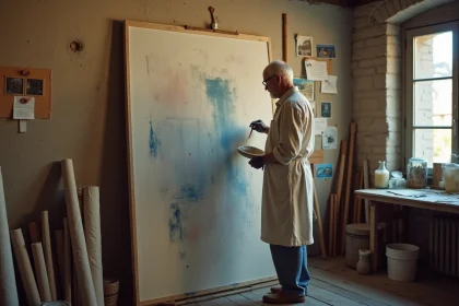Peintre français du début du 20ème siècle examinant une toile abstraite dans un atelier parisien entouré de références aux avant-gardes européennes