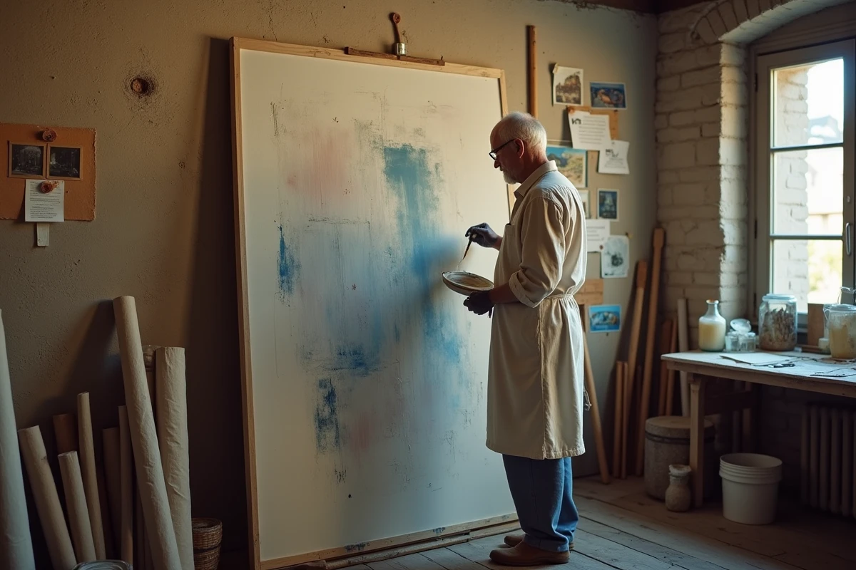 Peintre français du début du 20ème siècle examinant une toile abstraite dans un atelier parisien entouré de références aux avant-gardes européennes
