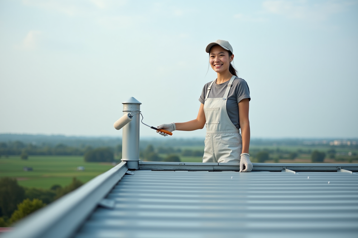 Femme souriante peint un toit métallique gris avec rouleau