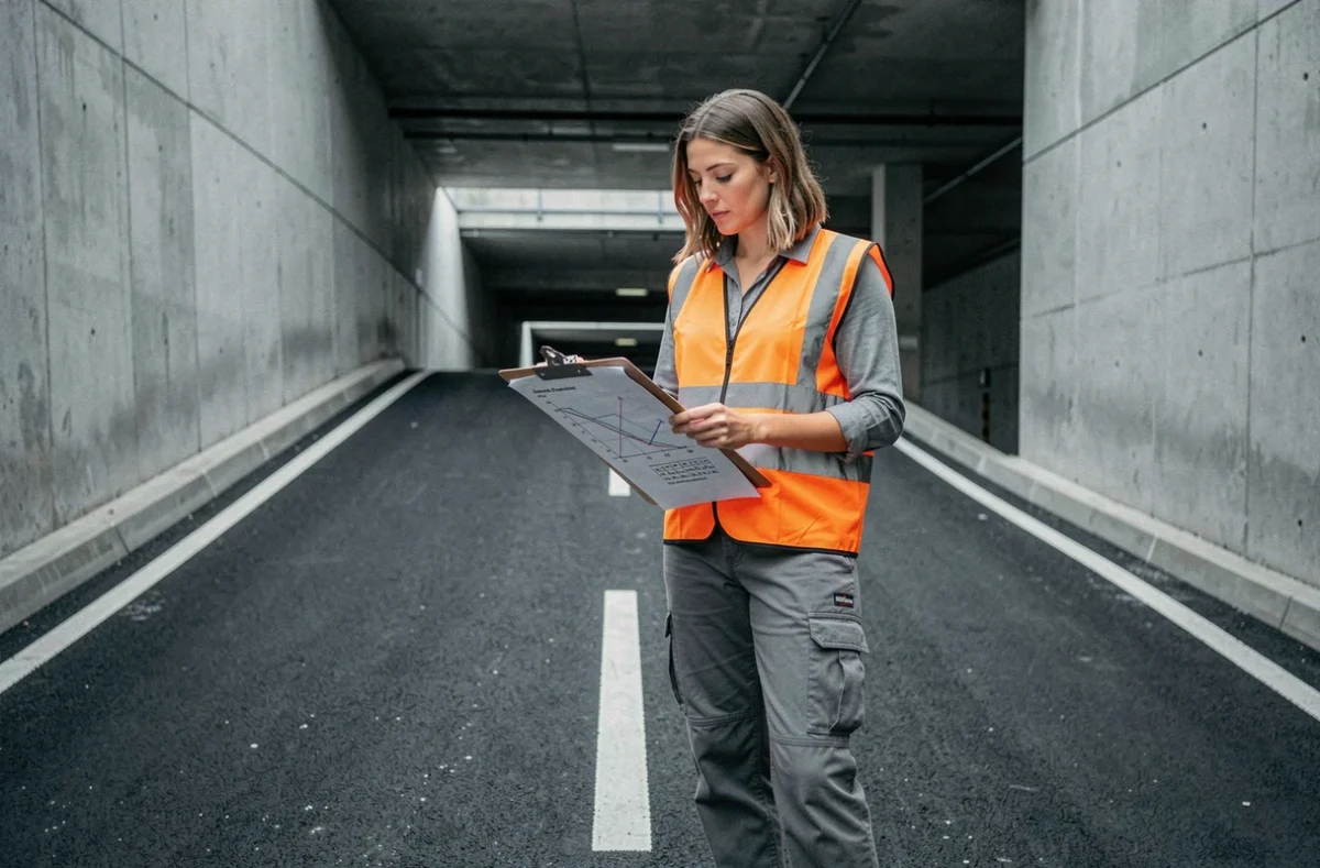 Ingénieure évaluant la pente d'une rampe de parking en voirie urbaine avec des calculs de conversion degrés en pourcentage sur clipboard