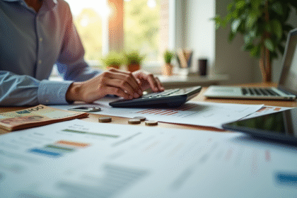 Personne analysant des documents financiers à un bureau lumineux