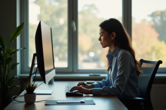 Personne utilisant commande vocale sur bureau lumineux