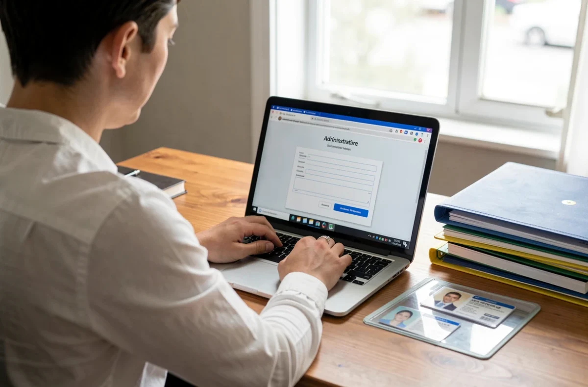 Personne remplissant un formulaire administratif en ligne sur un ordinateur portable