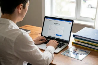 Personne remplissant un formulaire administratif en ligne sur un ordinateur portable