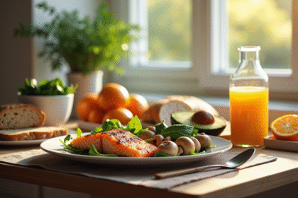 Table de petit déjeuner avec saumon et avocat riches en vitamine PP