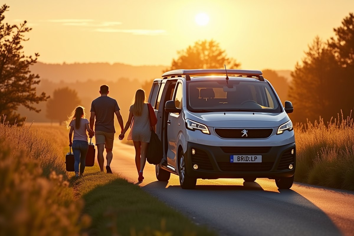 Famille entrant dans un Peugeot Rifter en campagne au coucher du soleil
