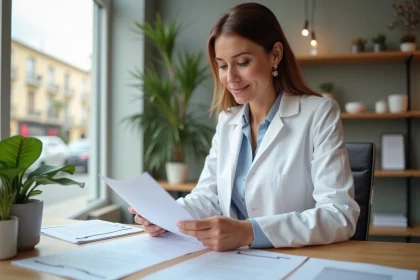 Pharmacienne en blouse blanche étudiant des documents de franchise dans un bureau moderne à Marseille