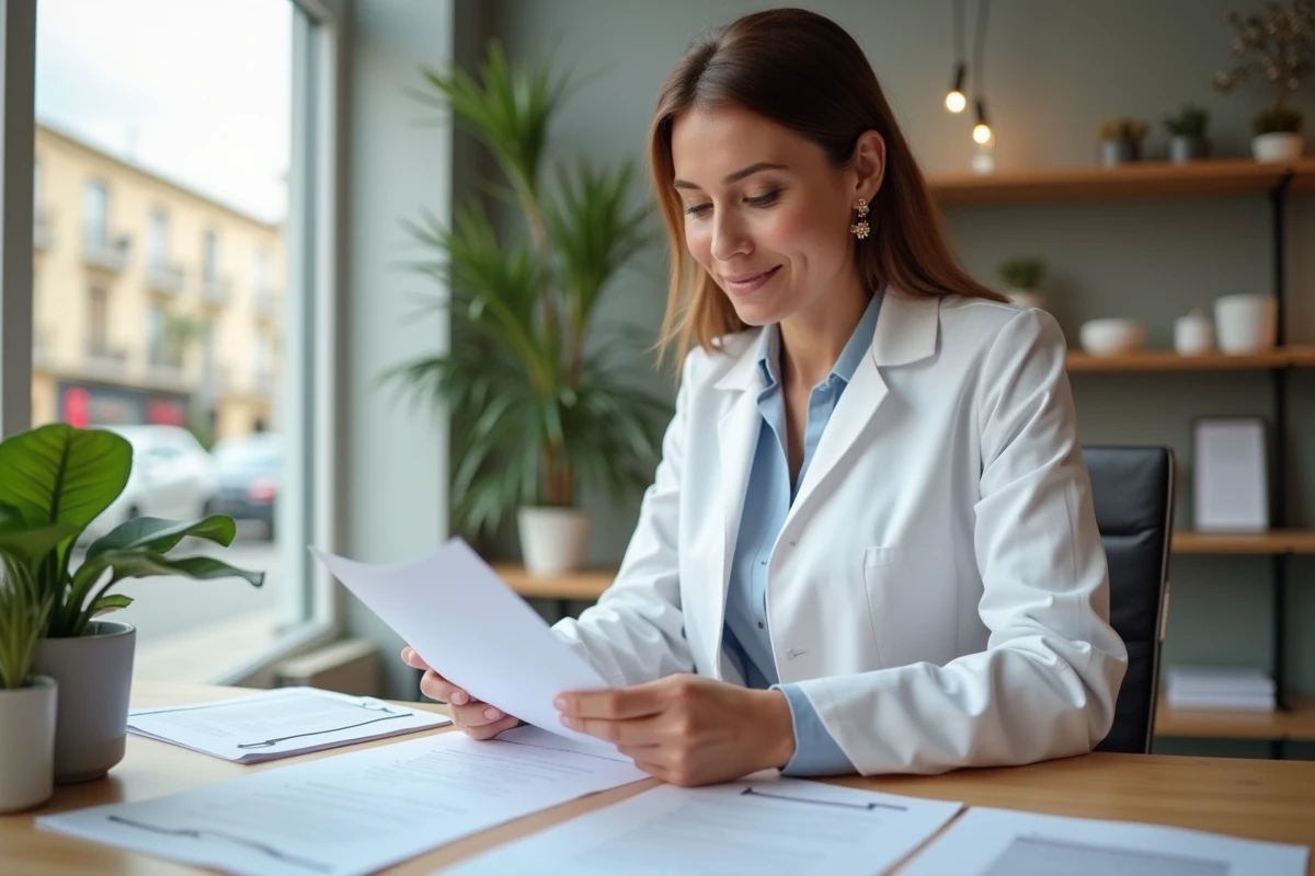 Pharmacienne en blouse blanche étudiant des documents de franchise dans un bureau moderne à Marseille