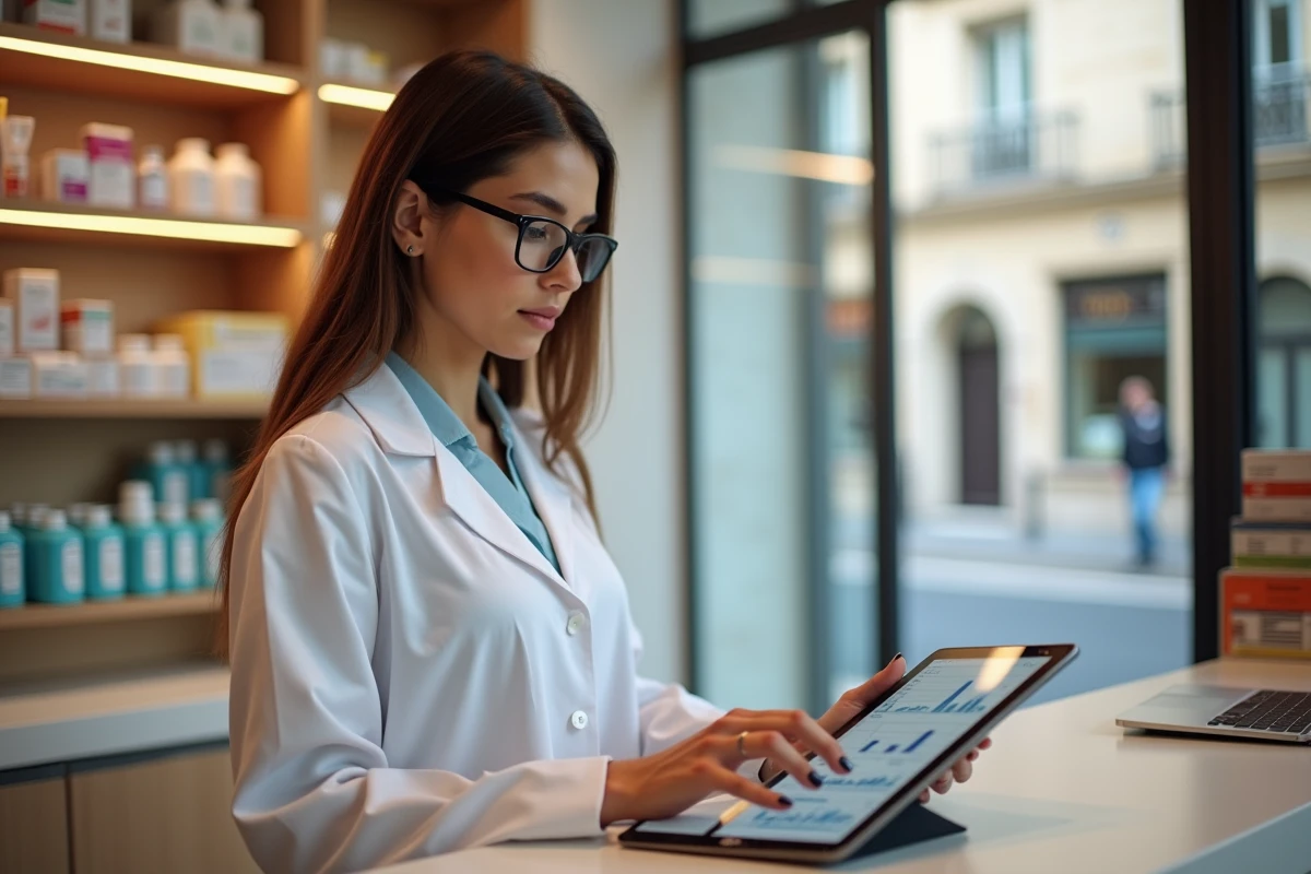 Pharmacienne consultant des données financières sur tablette dans sa pharmacie franchise à Marseille