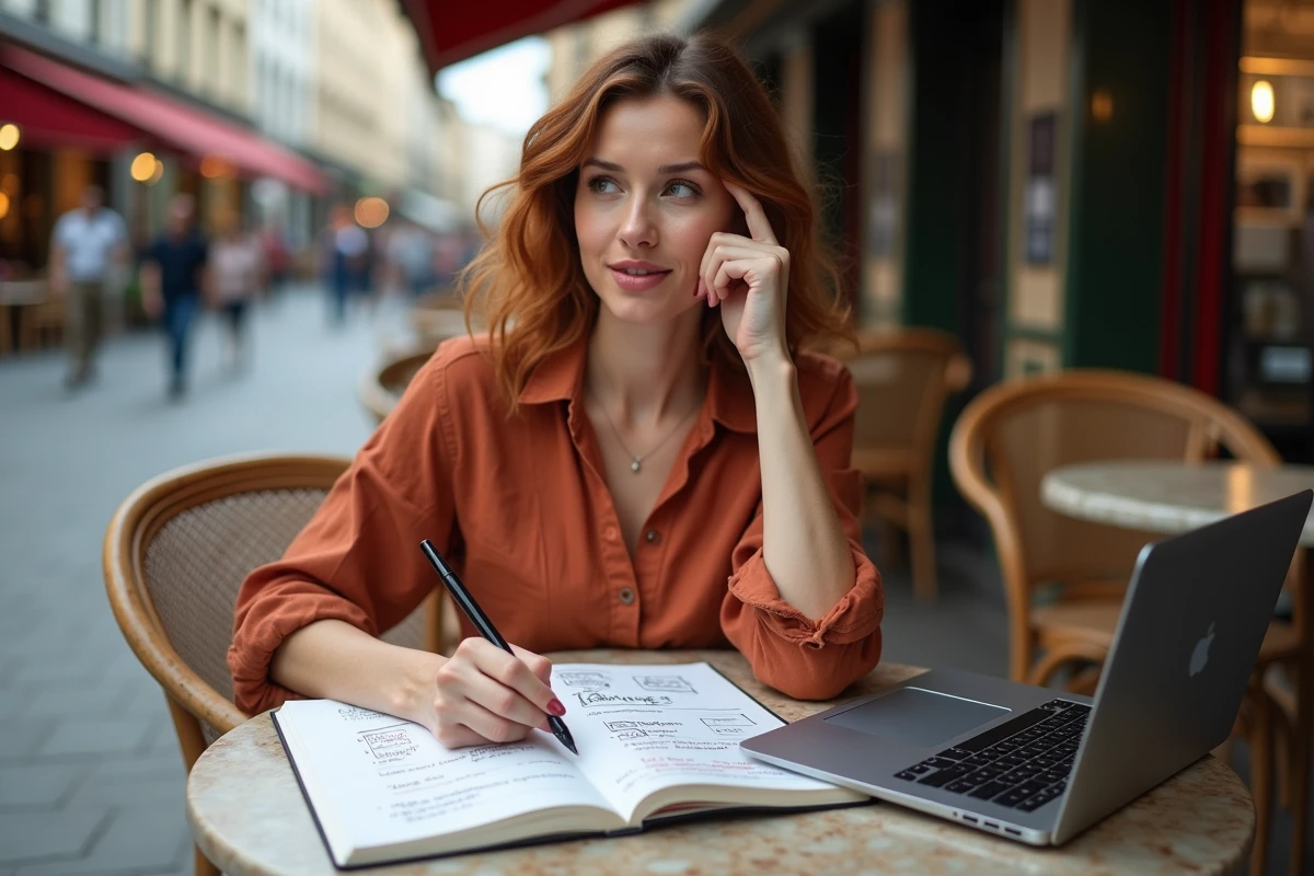 Créatrice planifiant une série de stories Instagram dans un carnet sur une terrasse de café parisien