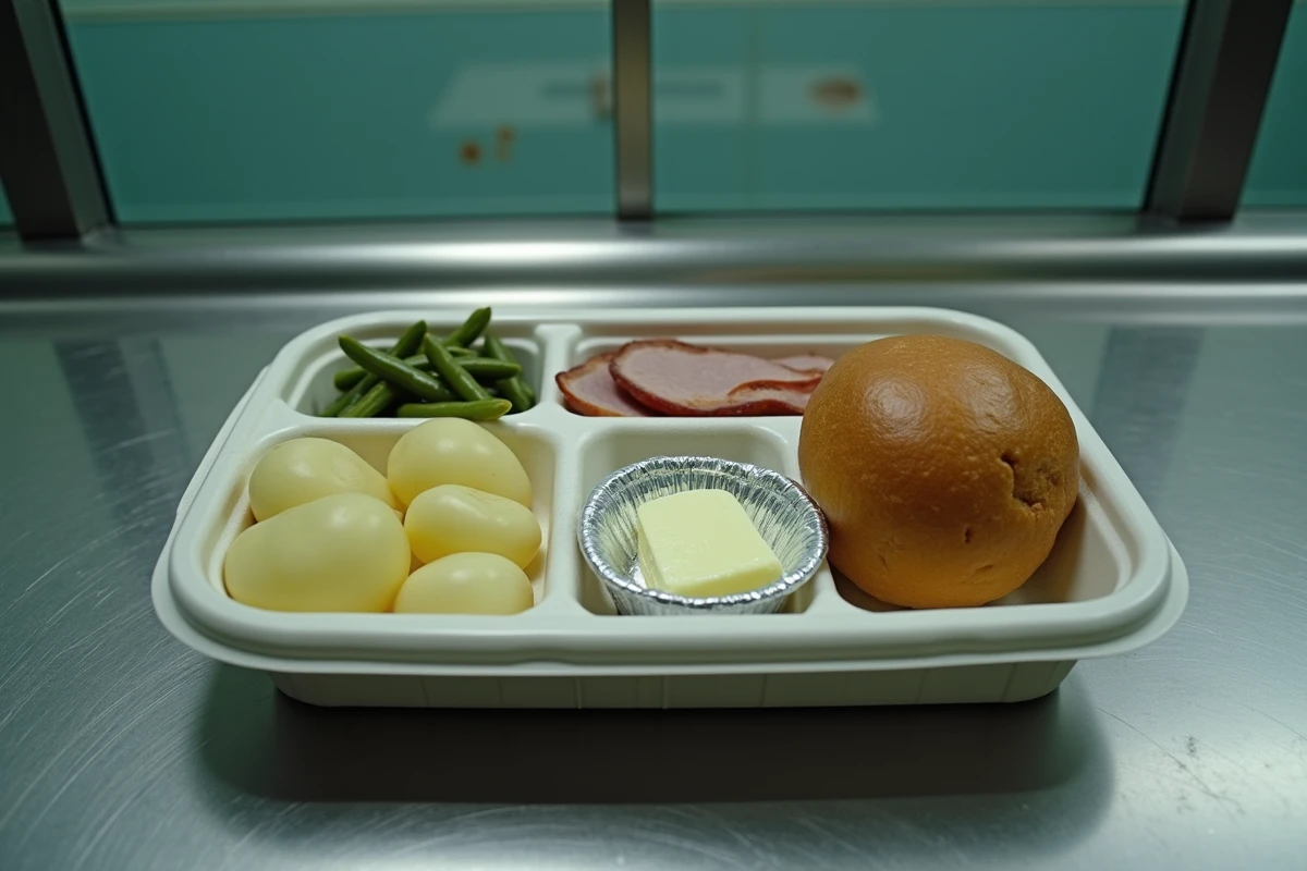 Plateau repas institutionnel en prison avec pommes de terre, haricots verts et viande transformée