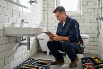 Plombier professionnel à Mulhouse inspectant une installation sanitaire moderne dans un appartement alsacien