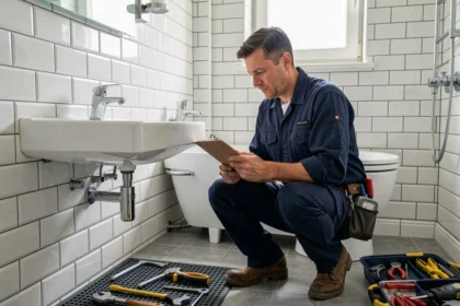 Plombier professionnel à Mulhouse inspectant une installation sanitaire moderne dans un appartement alsacien