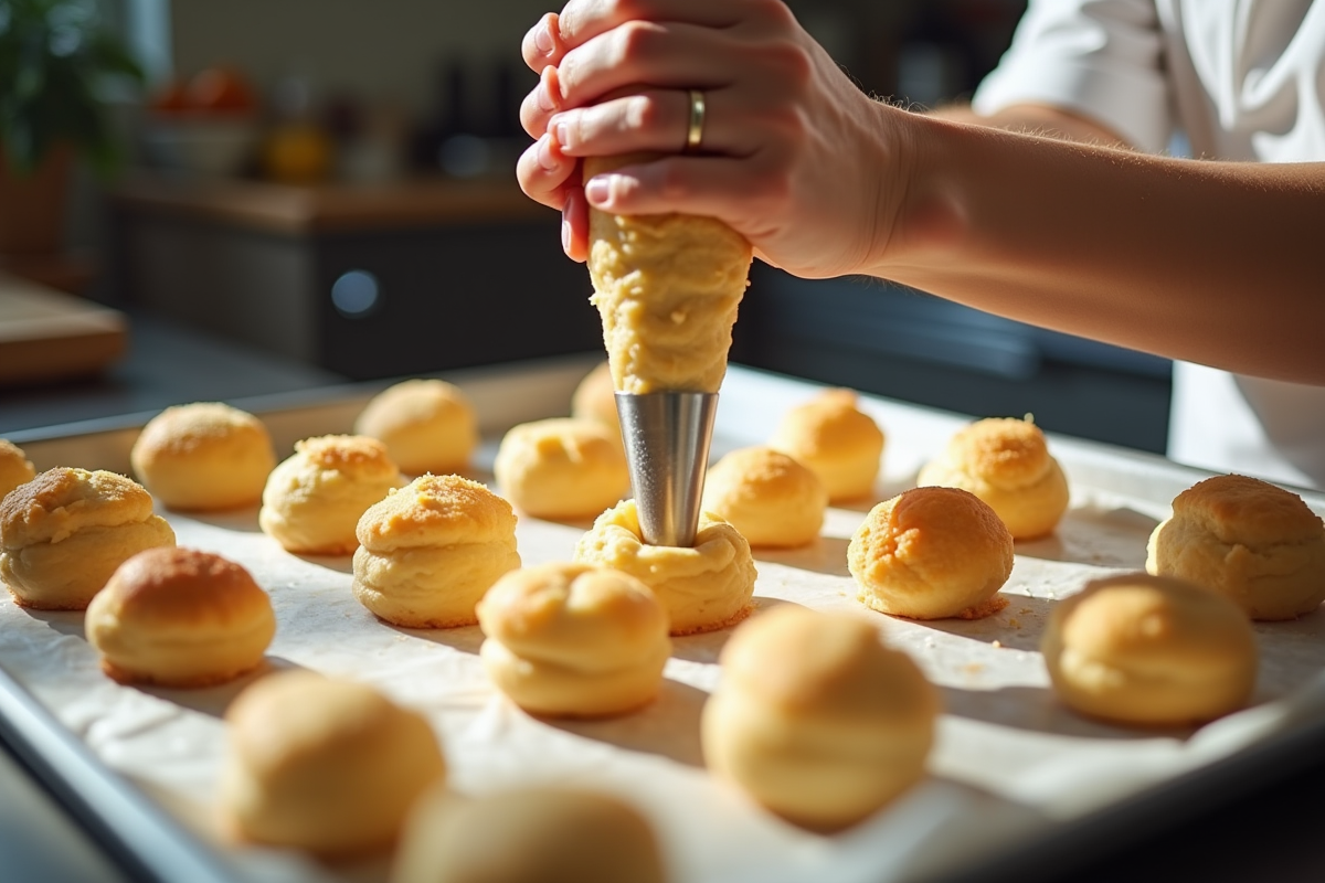 Main piping de la pâte à choux dans une cuisine lumineuse