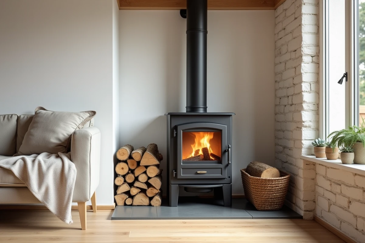Poêle à bois moderne installé dans un séjour en cours de rénovation avec parquet chêne et mur en pierre blanchie