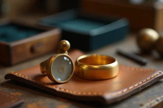 Bague en or avec poinçon étranger visible à la loupe sur établi de bijoutier artisanal